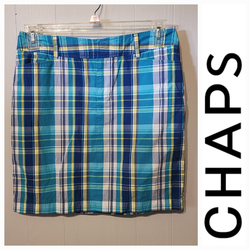 Chaps Plaid Skirt A-Line Lightweight Blue Yellow White Casual Size 6 A475